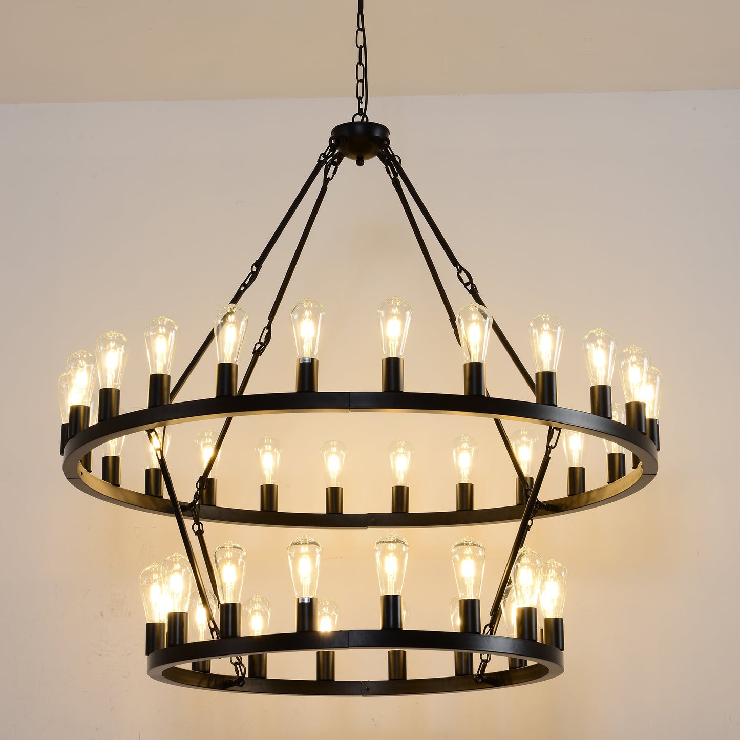 36-Lights 2-Level Matte Black Wagon Wheel Chandelier (24+12)