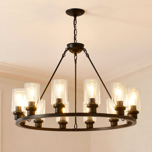12-Light Black Wagon Wheel Chandelier, 31.5" Modern Farmhouse Glass Pendant