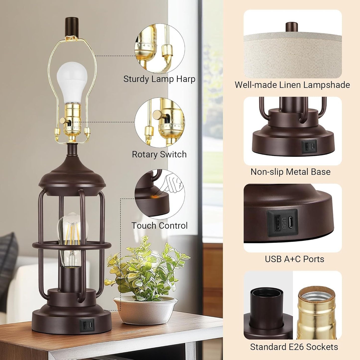 Edison Bulb Table Lamp Set of 2 with USB Ports, Dimmable