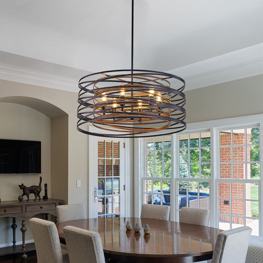 24" Rustic Industrial Black and Walnut Metal Cage Chandelier
