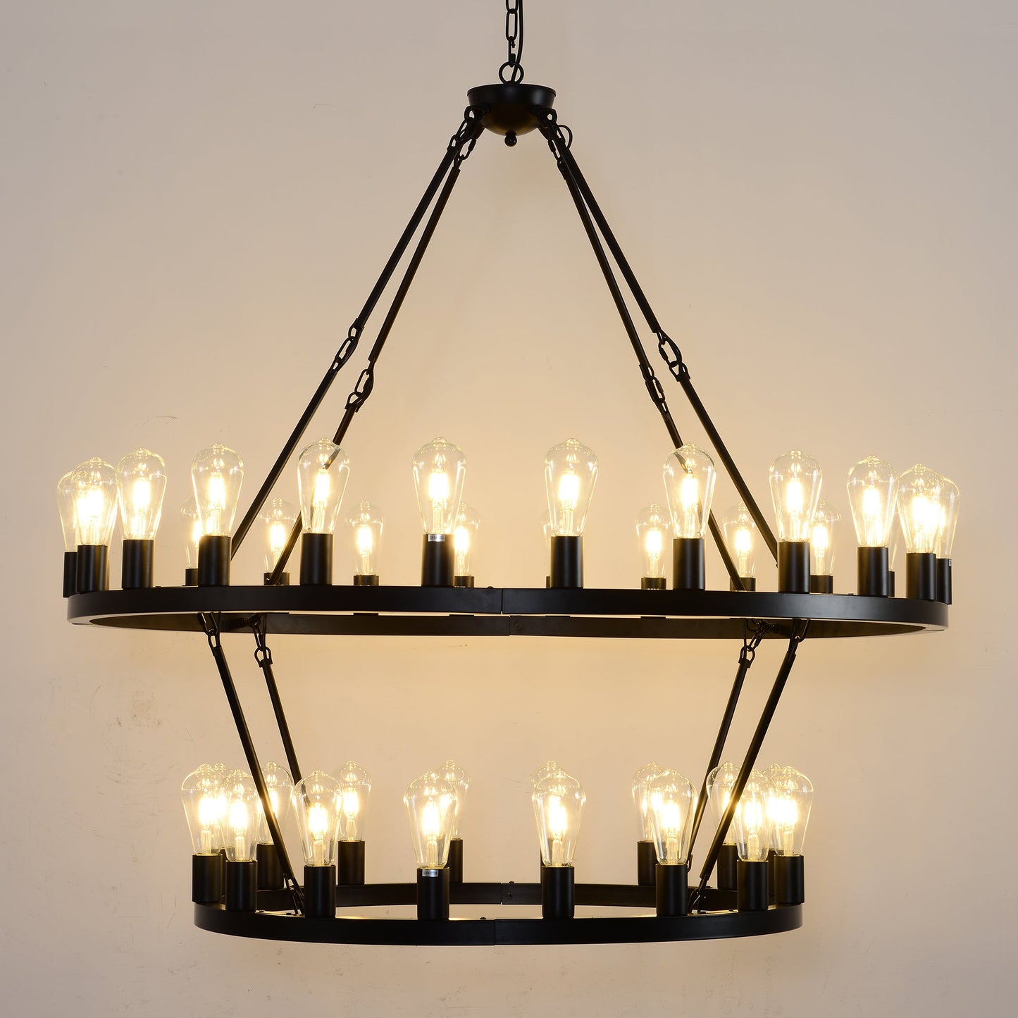 36-Lights 2-Level Matte Black Wagon Wheel Chandelier (24+12)