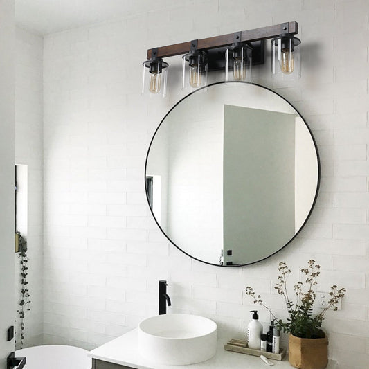 27" 4-Light Modern Farmhouse Bathroom Wall Sconce with Wood Accent