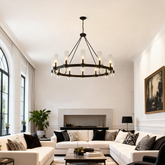 12-Light Matte Black Wagon Wheel Chandelier