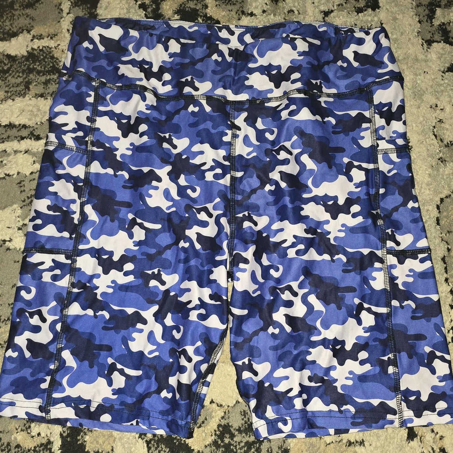Blue Camo Legging Material Biker Shorts With Pockets