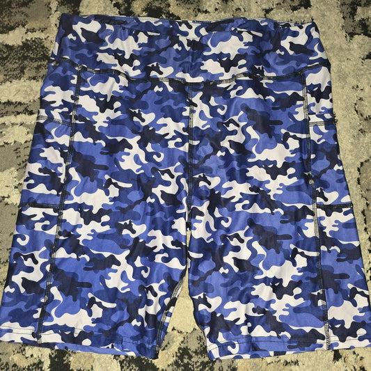Blue Camo Legging Material Biker Shorts With Pockets