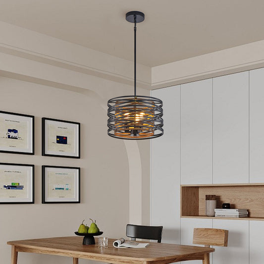 13" Rustic Industrial Pendant Light, 3-Light Black and Walnut Metal Cage Chandelier with Wood Accents