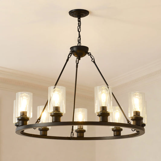 9-Light Black Wagon Wheel Chandelier