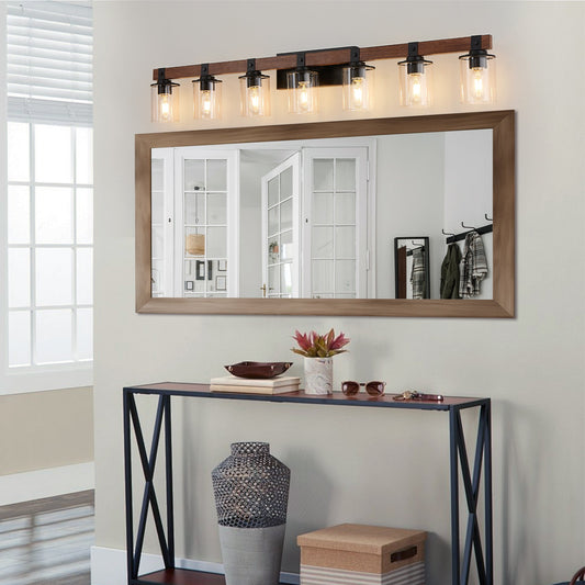 50" Rustic 7-Light Vanity Light for Modern Farmhouse Lighting Fixture for Bathrooms with Wood Accents