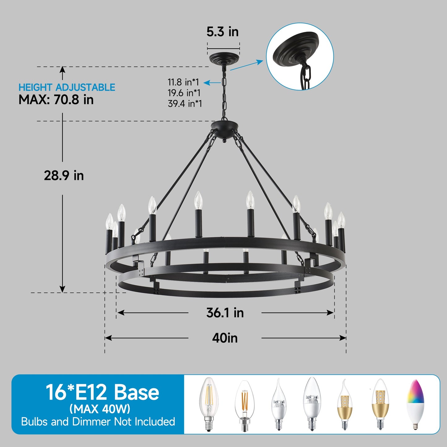 39 Inch 16-Lights Matte Black Wagon Wheel Chandelier with light E12