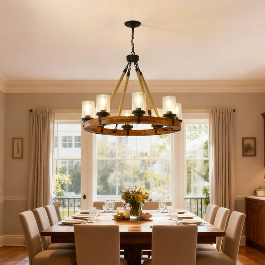8 Light Rustic Wagon Wheel Chandelier, 31" Wooden Pendant Light with Seeded Glass Shade