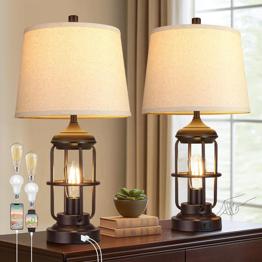 Edison Bulb Table Lamp Set of 2 with USB Ports, Dimmable