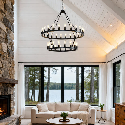 36-Lights 2-Level Matte Black Wagon Wheel Chandelier (24+12)