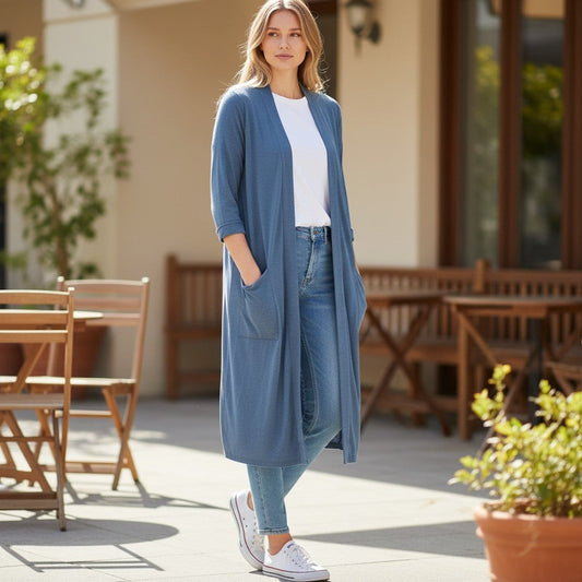 Zenana Long Cardigan Dusty Blue 2X