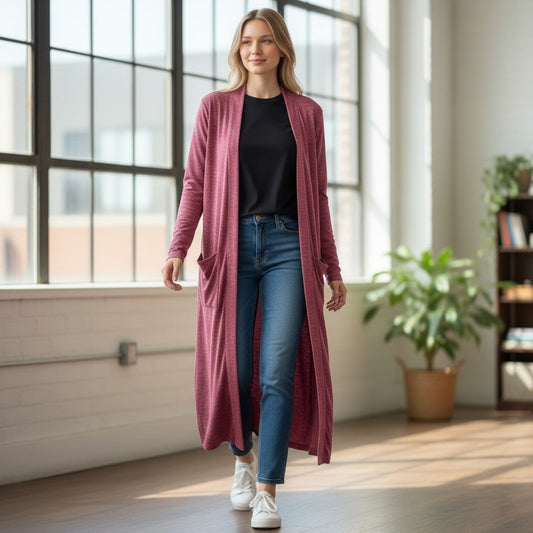 Zenana Long Cardigan Rosey Red - 1X & 2X