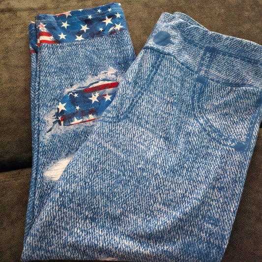 Flag Patched Denim Capri with Back Pockets - OS