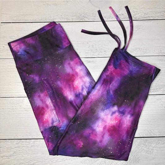 Purple Galaxy Capri Leggings with Pockets and Ankle Tie - OS