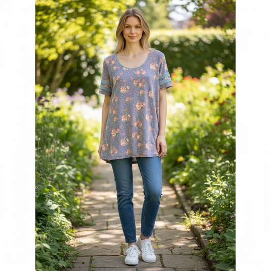 Lularoe Perfect Tee Floral With Striped Sleeve